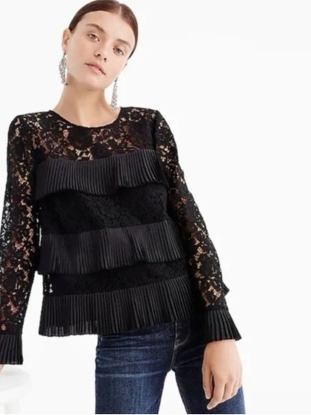 J. Crew Whimsigoth Chic Black Tiered Ruffled Lace Long Sleeve Blouse Size 2 XS